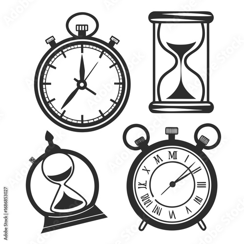 Vintage timekeeping devices and hourglasses clock stopwatch