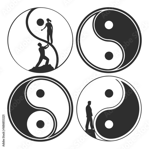 Yin yang symbols with human silhouettes and abstract shapes black and white
