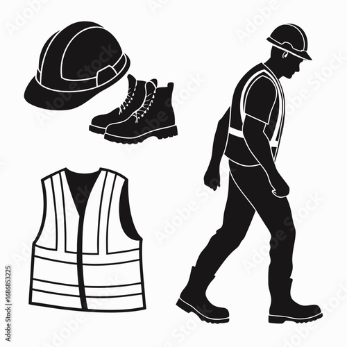Worker safety gear including helmet boots vest and person safety helmet work boots