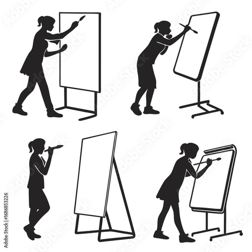 Women writing on whiteboards and blackboards woman easel