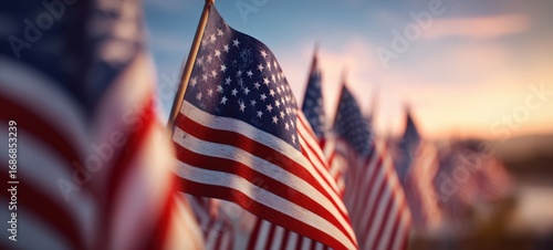 The American Flags Waving Gracefully in a Beautiful Sunset Landscape