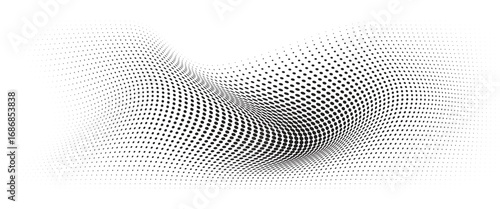Flowing Wave Dot Halftone Pattern: Curve Gradient Shape on Transparent Background. Suitable for AI, Tech, Network, Digital, Science, and Technology Themes.
