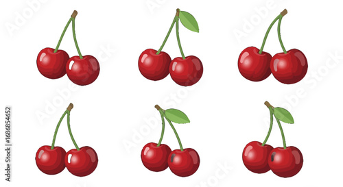 Cherry Vector Icon Set with Green Leaves and Stems Vector