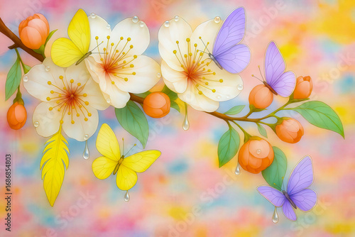 A colorful painting of a branch with flowers and butterflies. The butterflies are yellow and purple, and the flowers are white and orange. The painting has a bright and cheerful mood, with the colors