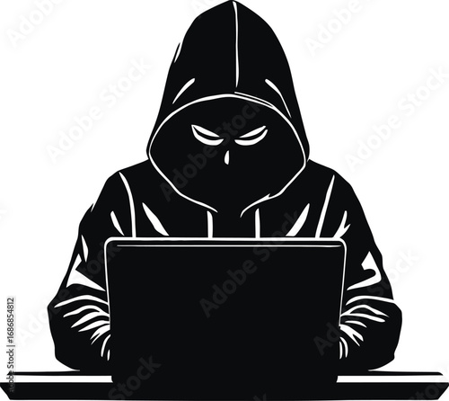Stylized hacker silhouette in hoodie using laptop, black and white vector symbolizing cybersecurity, anonymity, and threats