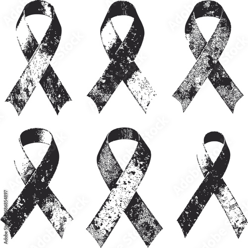 Distressed black awareness ribbon set in grunge style symbolizing support, remembrance, and social consciousness
