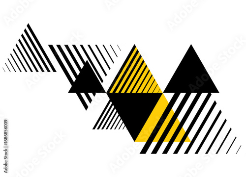 Abstract vector pattern of black and yellow triangles on a white background. Striped design element. Sport vector background with lines.