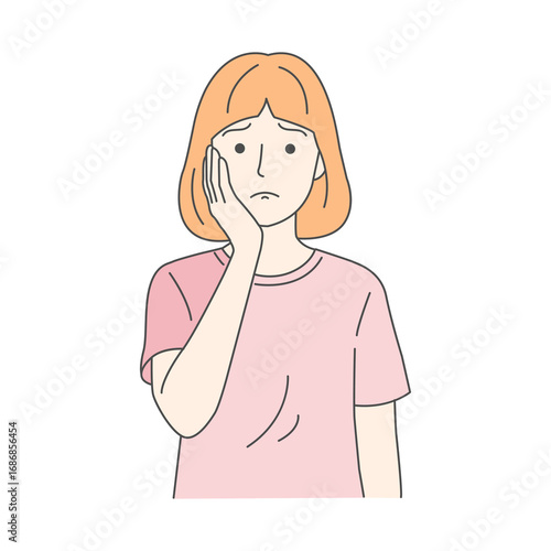 Illustration of a worried young woman touching her cheek, indicating discomfort or worry