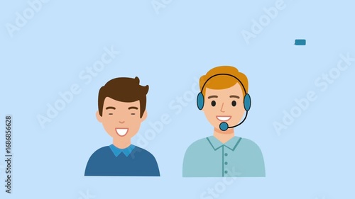 Animated illustration of two men, one with a headset and speech bubble, symbolizing customer support, teamwork, communication, and online service.