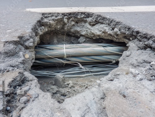 Underground fiber optic cable installation breaks through the excavated trench in an urban setting for enhanced connectivity