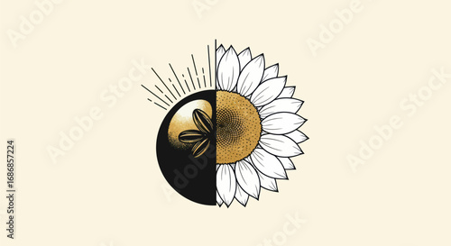 Mystical sunflower and dark moon celestial illustration.