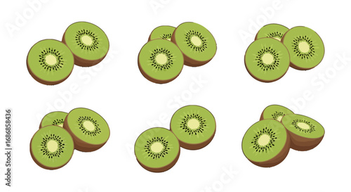 Kiwi Slice Vector Icon Set with Green Interior and Brown Skin