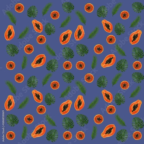 Papaya, exotic  fruit in cross section and green monstera leaves, palm leaves, elongated shape, orange flesh, black seeds, pattern, illustration, on blue-violet background, packaging, textile, design