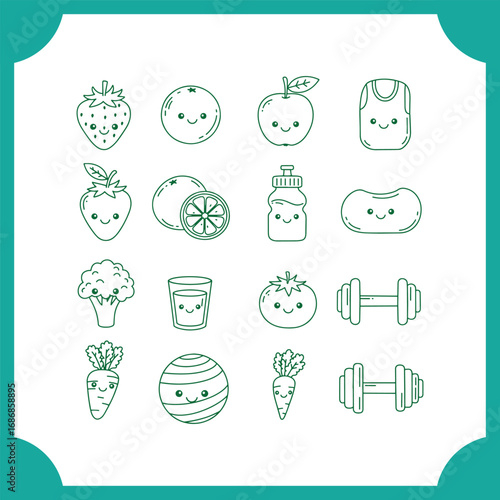 Healthy Lifestyle Icons Fruits Vegetables Fitness.