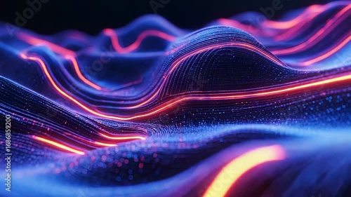 Abstract red and blue particle stream flowing on wavy surface