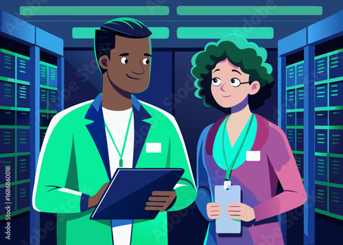 Diverse scientists collaborate in a server room
