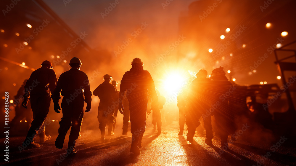 Fototapeta premium A diverse crew of hot metal cleaners gathered near heavy industrial equipment protective helmets visors and gloves reflecting the glow of molten steel thick atmosphere of heat