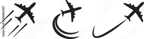 airplane, aircraft, plane, jet, flight, travel, transportation, aviation, icon, symbol, graphic, design, silhouette, black, white, motion, speed, movement, trail, streak, curve, swoosh, takeoff, depar
