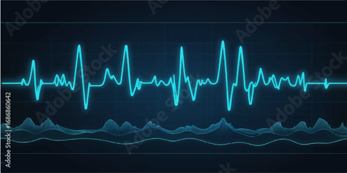 Medical illustration of a rhythmic green heartbeat wave on a black monitor, a symbol of health and pulse rate monitoring