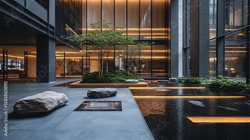 A peaceful zen-style hotel lobby with minimalist interiors  flowing water features  and a soothing atmosphere for relaxation.