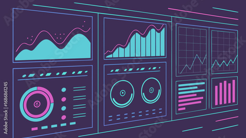 Futuristic digital dashboard with graphs and data visualization