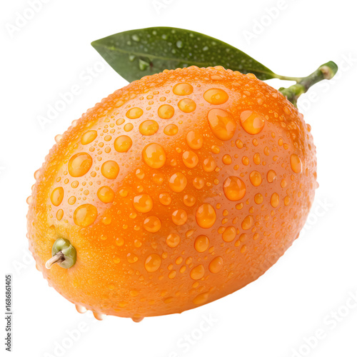 A single kumquat with water drops isolated on transparent background