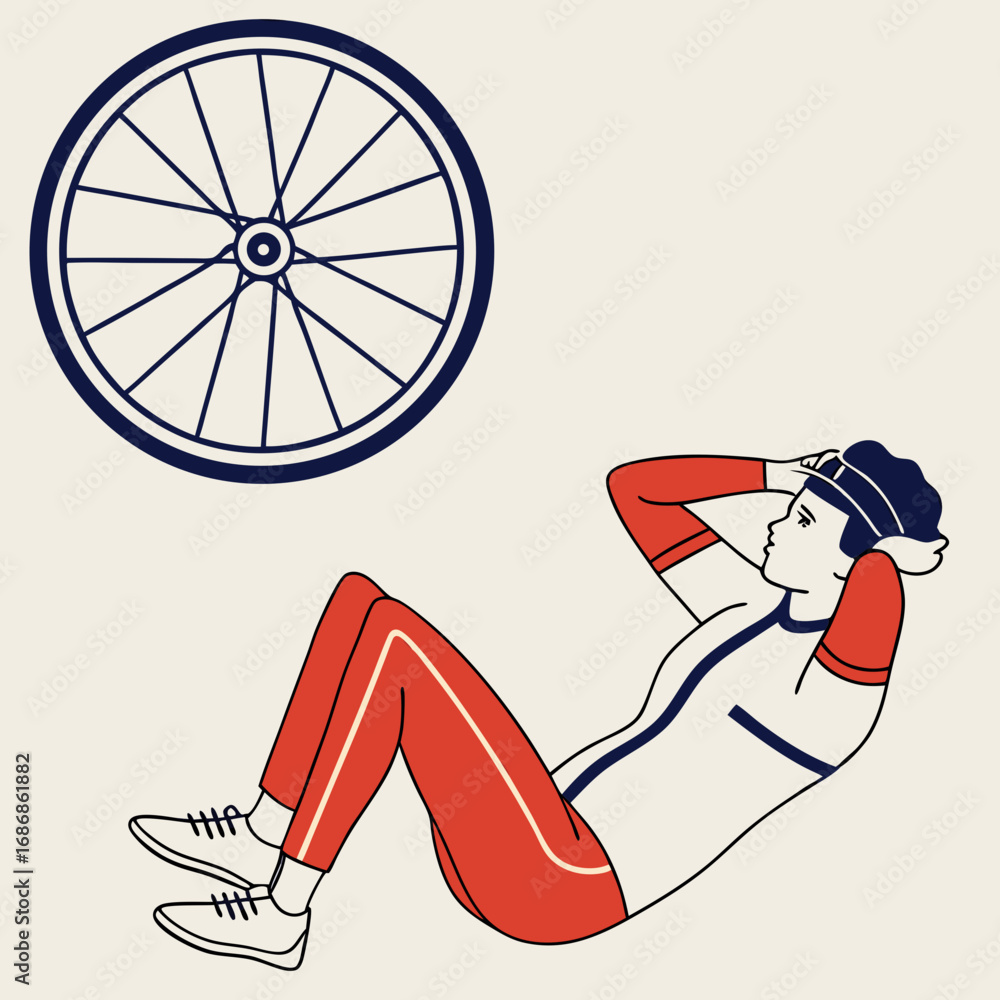 Obraz premium Cyclist performing abdominal crunches for core strength training next to a bicycle wheel illustration