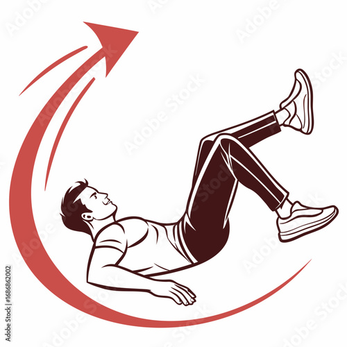 Man performing abdominal crunches with a red arrow indicating upward progress and motion