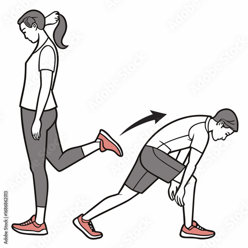 Man and woman performing a dynamic stretching exercise for the legs and hips