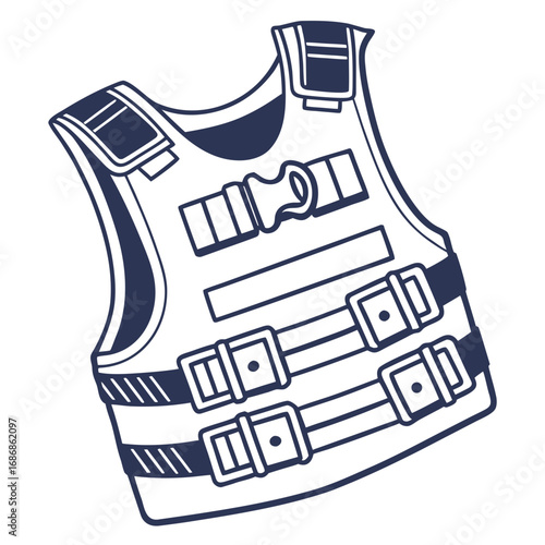 Stylized illustration of a dark blue safety vest with buckles and straps on a white background