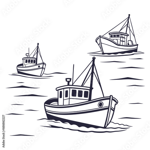 Three stylized fishing boats sailing on the water in a simple line art illustration