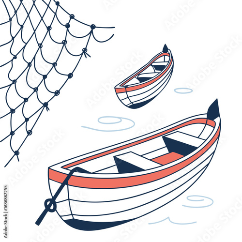 Two charming rowboats float gently on the water near a fishing net illustration