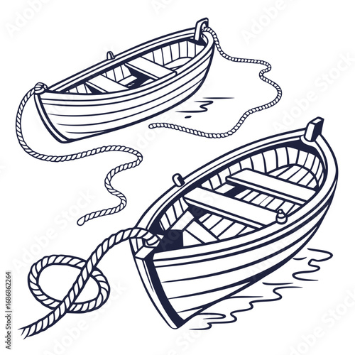 Two classic wooden rowboats with ropes tied to them floating on the water