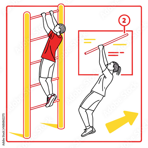 Two people performing pull up exercises on an outdoor fitness bar and a horizontal bar