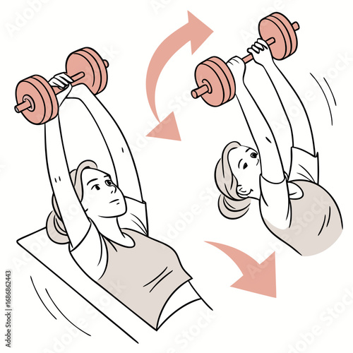 Woman performing dumbbell skullcrushers exercise on a bench to strengthen triceps muscles