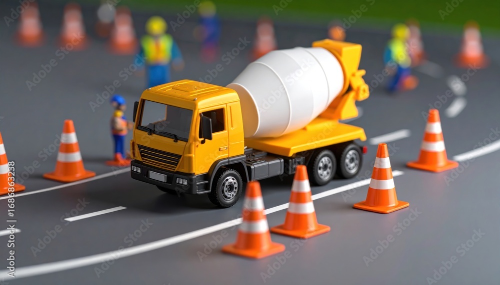 Fototapeta premium Miniature Construction Scene Featuring a Cement Mixer and Safety Cones for Creative Projects