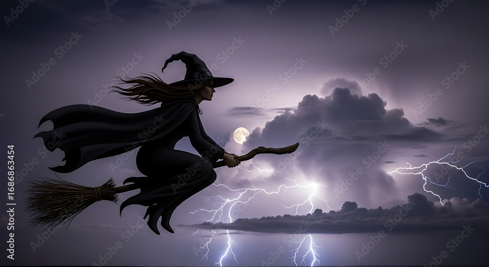 Fototapeta premium Witch flying on broomstick in stormy night sky