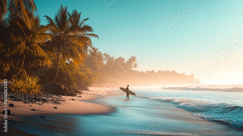 Golden sunrise at a tropical Bali beach with palm trees and a surfer.