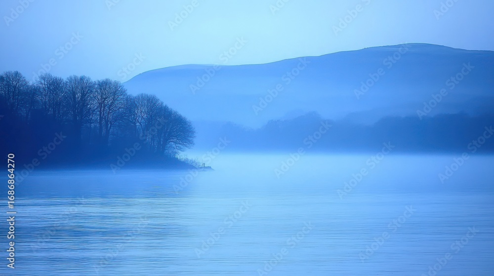 Fototapeta premium Serene blue lake landscape with mist-covered mountains and tranquil water surface