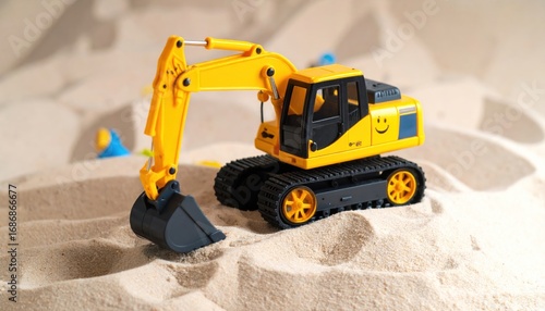Childhood dreams a playful yellow toy excavator in the sand with a smiley face and miniature size
