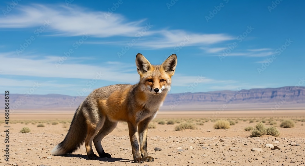 Fototapeta premium Alert fox standing in a vast desert landscape under a bright blue sky