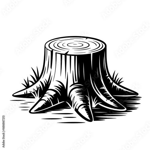 Black and White Illustration of a Tree Stump with Growth Rings and Roots Depicting Natural Forest Scenery