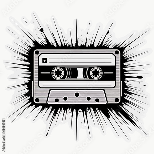 Vintage Audio Cassette Tape Vector Illustration with Splash Background for Music Retro Style Memories and Nostalgia