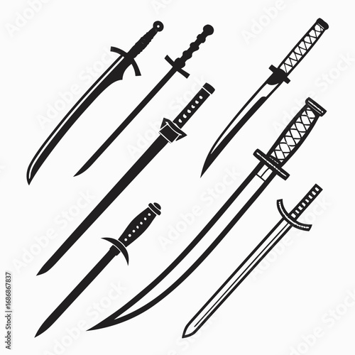 Diverse sword silhouettes collection katana rapier