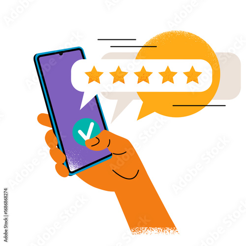 hand holding smartphone with five-star rating. concept of a positive user review, rating, online test. flat drawing with texture. stock vector illustration. EPS 10.