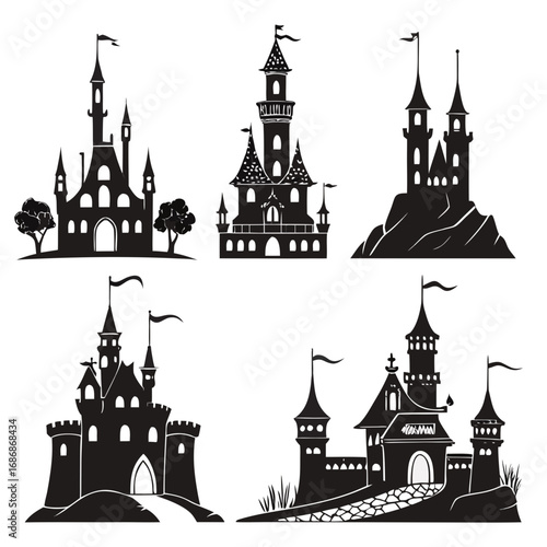 Fantasy castles and towers silhouettes medieval