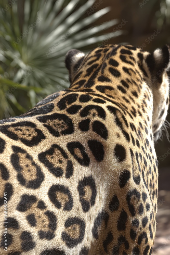 Naklejka premium Jaguar with spotted fur seen from behind in a natural setting.