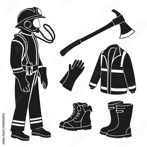 Firefighter gear set with axe and boots uniform helmet
