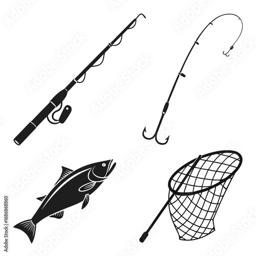 Fishing gear and fish silhouettes fishing rod fishing reel