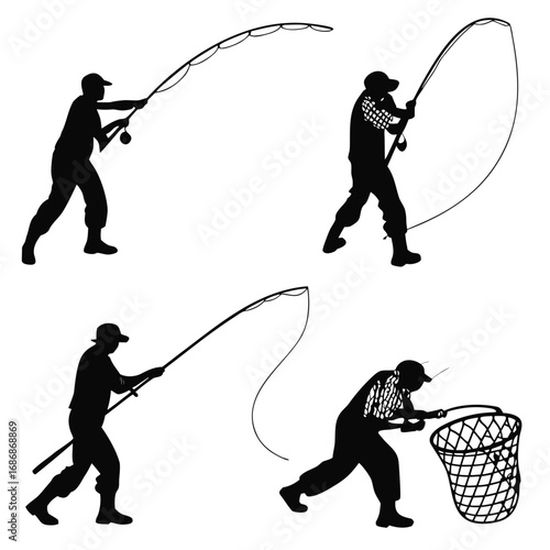 Fishermen silhouettes casting rods and nets fishing